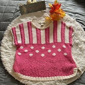 Handknit for Jack Winter sz M short sleeve pink/white knit sweater ramie cotton